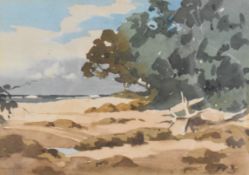 Ralph Richard Angus Brent (1903-2002) watercolour of a rocky beach, breaking waves and driftwood,