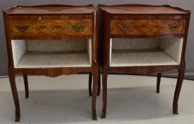 Pair of French parquetry and marquetry tray top bedside cabinets with ormolu mounts, W49 x D35 x