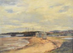 19th / 20thC glazed oil on board of an estuary / beach with grounded boats, bathing huts and