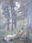 19th / 20thC Impressionist oil on canvas of two seated ladies in deckchairs reading beneath trees,