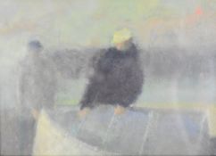 Nicholas Turner (British b1972) RWA oil on board 'Fishermen' with gallery label verso 11.5 x 16.5