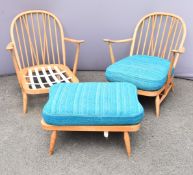 Ercol mid century modern light elm pair of armchairs and a footstool