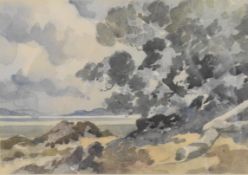 Manner of Ralph Richard Angus Brent (1903-2002) watercolour of a rocky shoreline, script verso