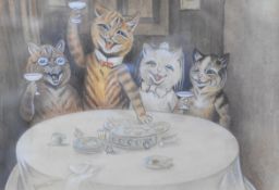Pencil, ink and watercolour of cats enjoying a wedding breakfast signed Louis Wain and depicting a