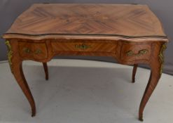French parquetry desk with ormolu mounts and protective glass top, W98 x D57 x H77cm