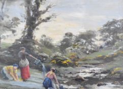 Edwardian glazed oil on board of washerwomen beside a fast flowing river, in ornate gilt frame,