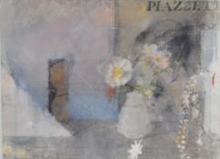 Paul Newland N.E.A.C, R.W.S gouache 'Flowers and Two Profiles', label verso, 16.5 x 23.5cm
