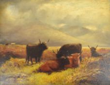 Robert Watson (1856-1920) oil on board Highland cattle on moorland with mountainous back drop,