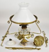 Hinks duplex patent hanging brass oil lamp with white glass shade, pulley system and reeded ball