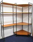 Ladderax mid century modern teak corner shelving, W164 x D84 x H202cm