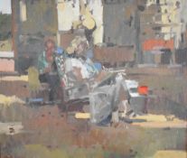 Tom Coates (b1941) RP, PPRDA, NEAL, RWS oil on board titled verso 'Painting in Devon Workshops',