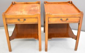 Pair of mahogany tray top bedside tables with single drawers and undershelves, W50 x D81 x H63cm