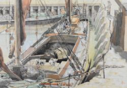 Lawrence Henry Irving (1897-1988) watercolour titled 'Unloading Thames Barge Whitstable', initialled