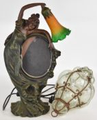 Figural mirrored table lamp, H52cm, and a vintage metal bound glass shade