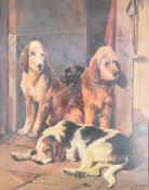 Oil on canvas laid on board of four hounds in a doorway, and riding crop on the door jamb, signed E.