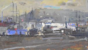 Richard Pikesley (b1951) RWS PP NEAC oil on board, boats on moorings with script verso 'Evening Tide