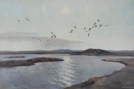 Sir Peter Scott (1909-1989) colour print dated 1949 of swans in flight, signed by the artist in