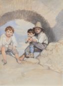 Penry Williams (attributed) watercolour titled 'Three Urchins in Rome' children beneath a brick