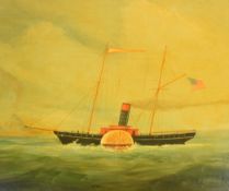 J.C.W Tuck oil on board of a paddle steamer with volcano in the background, 33 x 39cm