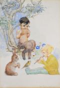 Amy Millicent Sowerby (1878-1967) pencil and watercolour faun and pixie playing music to a rabbit