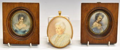 Three portrait miniatures, two of young women in Victorian dress, in matching wooden frames and