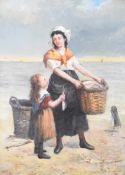 Eugene Courteille (French 1839-1933) oil of woman and child with baskets collecting fish along the