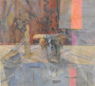 Paul Newland N.E.A.C, R.W.S gouache 'Still Life Pressed Flowers Under Glass', label verso, 15 x 17cm