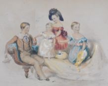 Family portrait watercolour of children in Georgian dress, unsigned 35 x 43cm framed