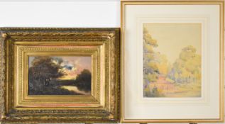 Victorian oil on board of figures at sunset beside a tree lined river and a watercolour by Paul