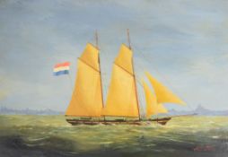 19th / 20thC oil on board of a French two masted sailing boat off a coastline, 'Santa Cruz,