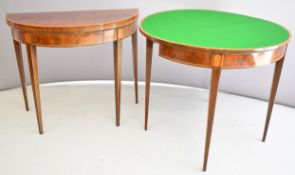 Pair of George III inlaid mahogany demi lune fold over card tables, W91 x D41.5 x H77cm