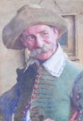 19th / 20thC watercolour of an elderly man with felt hat, lace collar, green waistcoat and glass