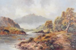 Sydney Yates Johnson (fl. 1890-1926) oil on canvas cattle in river, 29 x 45cm, in ornate gilt frame