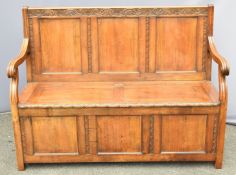 19thC carved mahogany settle with moulded frieze and reeded scrolling arms, W152 D63 H113cm