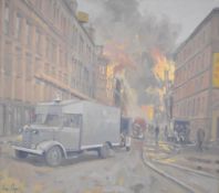 Ian Cryer (b1959) FROI original oil on board of an Austin fire engine in attendance with other