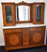French 1920s inlaid walnut, kingwood or burr wood sideboard in the French Empire style with marble