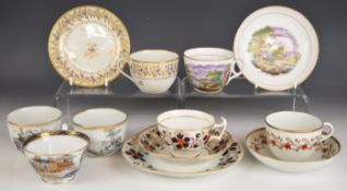 Seven New Hall teacups, three with saucers, one part of a trio, decorated in landscape, Imari and