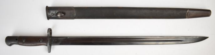 British 1907 pattern bayonet with good stamps to ricasso, a 43cm fullered blade and scabbard. PLEASE