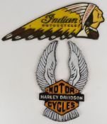 Two vintage style cast iron advertising signs for Indian Motorcycles and Harley Davidson, largest