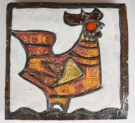 Adam Dworski Wye Pottery plaque depicting a cockerel, signed and impressed verso, 25.5 x 26.5cm