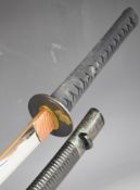 Japanese short sword with bound grip, two menuki, part decorated guard, copper habaki, 58cm curved