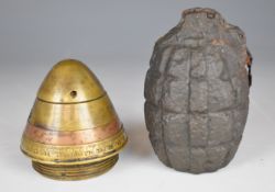 Four section brass and copper fuse cone, together with a Mills bomb in relic condition