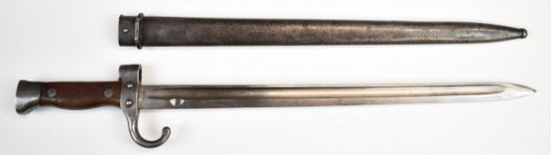French 1892 pattern Mannlicher Berthier bayonet with wooden grips, overlapping muzzle ring,