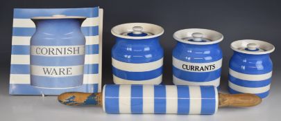 T. G Green three graduated storage jars, rolling pin and a Cornishware book, tallest 17cm