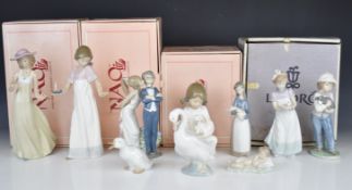 Ten Lladro / Nao bird and child figures including Let's Make Up, Happy Birthday, Girl with Pig /