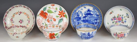 Four 19thC New Hall tea bowls with saucers including wrythen moulded blue and white decorated with