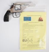 Deactivated Belgian .32 five-shot double-action revolver with monogrammed grips, fixed sights and