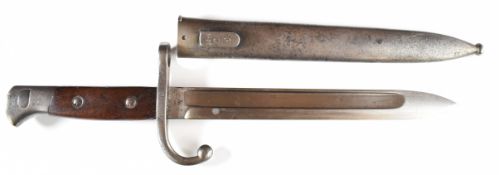 Belgium 1889 pattern knife bayonet marked T6451 to crosspiece, with wooden grips, downswept quillon,