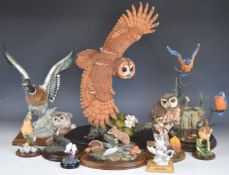 Ten owl / bird figures by Country Artists, Capodimonte etc, including 'Waters Edge' kingfishers, owl