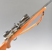 Ruger M77 Mark II .22-250 bolt-action rifle with chequered semi-pistol grip and forend, leather